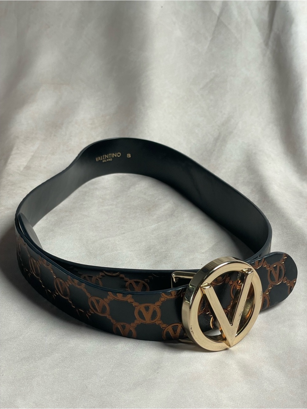Valentino Black & Brown Logo Print Belt with Gold V Buckle